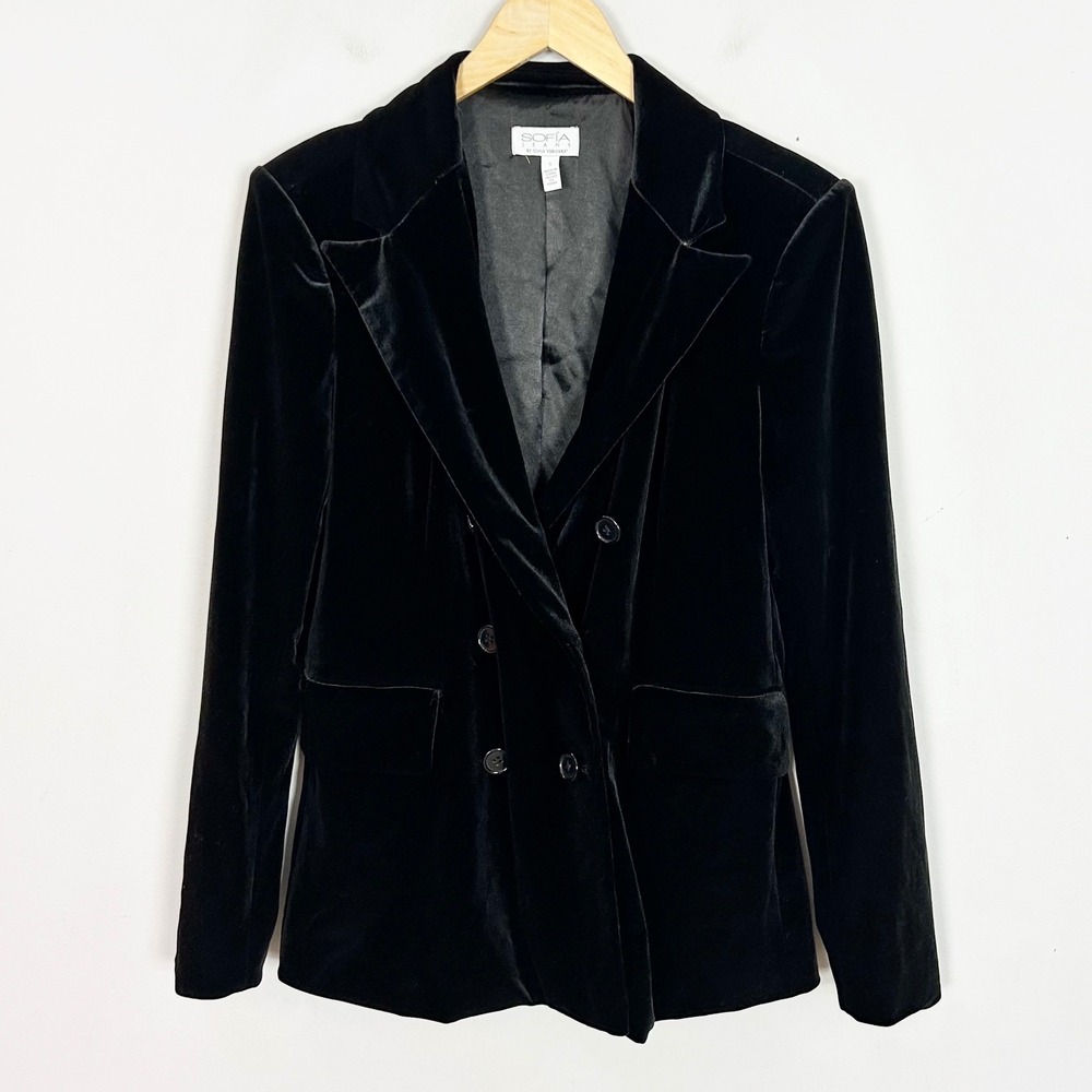 Sofia Jeans by Sofia Vergara Womens Black Velvet Double Breasted Blazer Size S